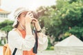 Tourist travel and take a photo outdoor with space for text Royalty Free Stock Photo