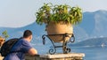 The tourist traveler enjoys the view of the sea and the bay