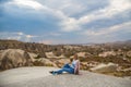 Tourist traveling in mountains cappadocia