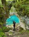 Tourist traveller girl posing by Gate of the Wishes, Mrtvica riv Royalty Free Stock Photo