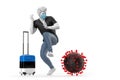 Tourist travelling to Estonia scared by the virus molecule. Pandemic concept. 3D Rendering