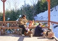 Tourist trying hot snacks at Patnitop Royalty Free Stock Photo