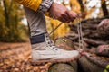 Tourist tying shoelace on her hiking boot Royalty Free Stock Photo