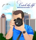 Tourist vector illustration with photographer, cityscape on the background.