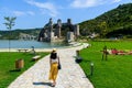 Tourist visiting Golubac fortress on Danube river in Serbia Royalty Free Stock Photo