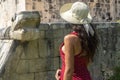 Tourist visiting the feathered serpent of the ball game of the Mayan city of Chichen Itza in the Yucatan Peninsula in Mexico Royalty Free Stock Photo