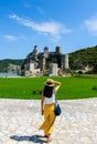 Tourist visiting Golubac fortress on Danube river in Serbia Royalty Free Stock Photo