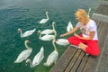 Tourist visiting Zurich swans lake Royalty Free Stock Photo