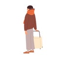 Tourist waiting with suitcase. Traveler standing with wheeled luggage. Woman passenger with baggage in hands. Person