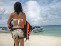 Lady backside walk on beach travel in Thailand Royalty Free Stock Photo