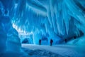 Tourist walking in frozen cave