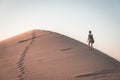 Tourist walking on the scenic dune 7 at Walvis Bay, Namib desert, Namib Naukluft National Park, Namibia. Afternoon light. Royalty Free Stock Photo