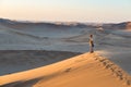 Tourist walking on the scenic dune 7 at Walvis Bay, Namib desert, Namib Naukluft National Park, Namibia. Afternoon light. Royalty Free Stock Photo