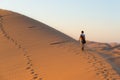 Tourist walking on the scenic dunes of Sossusvlei, Namib desert, Namib Naukluft National Park, Namibia. Afternoon light. Adventure Royalty Free Stock Photo