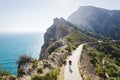 Tourist walking on scenic walking path along steep cliffs along the ocean in the natural park `Serra Gelada` in Albir, Spain