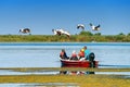 Tourist watching the Pelican Birds wildlife fauna in the Danube