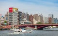 Tourist Water Bus is going under Asakusa red bridge.