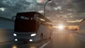 Tourist white bus driving on a highway at sunset backlit by a bright orange sunburst under an ominous cloudy sky. 3d Rendering Royalty Free Stock Photo