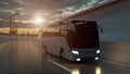 Tourist white bus driving on a highway at sunset backlit by a bright orange sunburst under an ominous cloudy sky. 3d Rendering Royalty Free Stock Photo