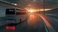 Tourist white bus driving on a highway at sunset backlit by a bright orange sunburst under an ominous cloudy sky. 3d Rendering Royalty Free Stock Photo