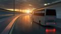 Tourist white bus driving on a highway at sunset backlit by a bright orange sunburst under an ominous cloudy sky. 3d Rendering Royalty Free Stock Photo