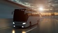 Tourist white bus driving on a highway at sunset backlit by a bright orange sunburst under an ominous cloudy sky. 3d Rendering Royalty Free Stock Photo