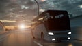 Tourist white bus driving on a highway at sunset backlit by a bright orange sunburst under an ominous cloudy sky. 3d Rendering Royalty Free Stock Photo