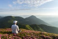 A tourist in white clothes sits on a pink carpet of rhododendron flowers Royalty Free Stock Photo