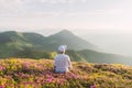 A tourist in white clothes sits on a pink carpet of rhododendron flowers Royalty Free Stock Photo