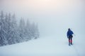 Tourist in winter mountains. Beauty world. Carpathians Ukraine Europe