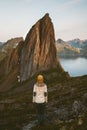 Tourist woman alone in mountains travel adventure vacations outdoor in Norway Royalty Free Stock Photo