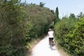 Tourist woman bike ride in ile d`Aix Charente maritime France