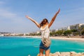 Tourist woman in Cannes, Cote d`Azur, France, South Europe. Nice city and luxury resort French riviera. Famous tourist destinatio Royalty Free Stock Photo