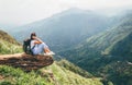 Tourist woman enjoy with beautiful view on mountains in Ella, Sri Lanka, Little Adam Peak Royalty Free Stock Photo