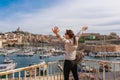 Tourist woman in French historical city Marseille and Mediterranean sea coast. Marseille is the biggest port in France, South