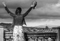 Tourist woman in front of city panorama of Barcelona rejoicing Royalty Free Stock Photo