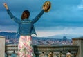 Tourist woman in front of city panorama of Barcelona rejoicing Royalty Free Stock Photo