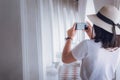 Tourist Woman Having Enjoyment While Sightseeing Art Architecture in The Temple, Portrait of Traveler Asian Woman is Visiting and Royalty Free Stock Photo