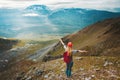 Tourist woman hiking mountains in Norway travel outdoor adventure vacation trip Royalty Free Stock Photo