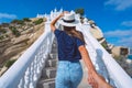 Tourist woman leading man by hand. Follow me. Balcon del Mediterraneo, Benidorm, Spain. Couple on vacation Royalty Free Stock Photo