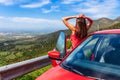 Tourist woman and mountain view in Pyrenees, near of Cadaques, Catalonia, Spain near of Barcelona, famous tourist destination in