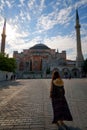 Tourist woman near Hagia Sophia mosque landmark Turkey Istanbul