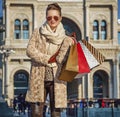 Tourist woman at Piazza del Duomo in Milan, Italy standing Royalty Free Stock Photo