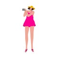 Tourist woman in a pink dress taking a picture with the digital camera. Vector illustration in flat cartoon style Royalty Free Stock Photo