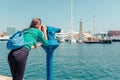Tourist woman in the port of Barcelona, Catalonia, Spain. Scenic seascape of marina and sailboats yachts. Public promenade and Royalty Free Stock Photo