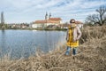 Tourist woman with Basilica minor in Sastin-Straze, Slovakia