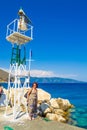 Agia Effimia harbour pier tourist woman Kefalonia island Greece Royalty Free Stock Photo