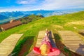 Tourist woman at Rigi Railways Royalty Free Stock Photo