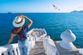 Tourist woman in sun hat enjoying sea view at Balcon del Mediterraneo in Benidorm, Spain. Summer vacation in Spain Royalty Free Stock Photo