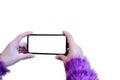 Tourist woman take a photo with blank display smart phone in win Royalty Free Stock Photo